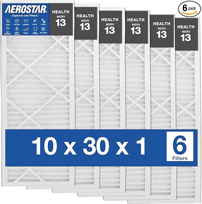 Aerostar Air Filters 10x30x1 MERV 13,Healthier Air For Your Home, 10" x 30" x 3/4", Box of 6