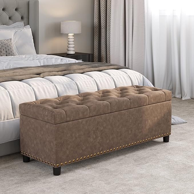 BELLEZE 47" Storage Ottoman, Storage Bench with Safety Close Hinge, Faux Leather Button-Tufted Ottoman for Living Room, Entryway, Hallway, Foot Rest, Support 300lbs - Rustic Brown