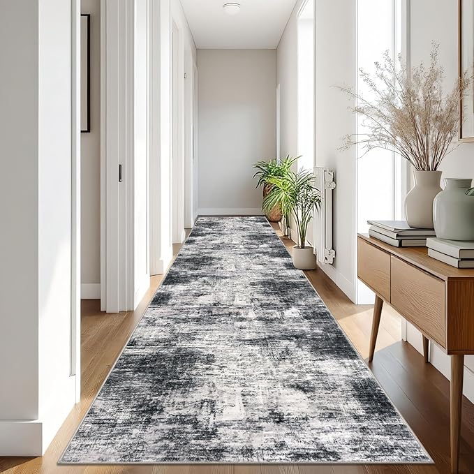 IOHOUZE Abstract Runner Rug 3x16 Ft Long Washable Runners for Hallways, Non Slip Kitchen Runner Printed Faux Wool Entryway Runner Indoor, Modern Abstract Floor Carpet for Hall Stair, Black Grey