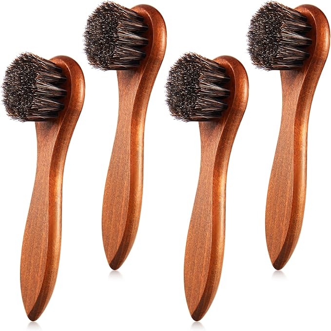 4 Pcs Horsehair Shine Shoes Brush Kit Polish Dauber Applicators Cleaning Leather Shoes Boots Care Brushes Suede Cleaner Brush with Microfiber Shoe Cloth(Brown Handle B)