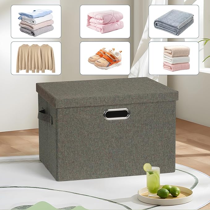 Large 17" 36 Quart Collapsible Stackable Storage Bins with Lids, 3 Packs Dark green Foldable Fabric Closet Storage Boxes with Lids, Heavy-duty Linen Cube Baskets(17x12x11)