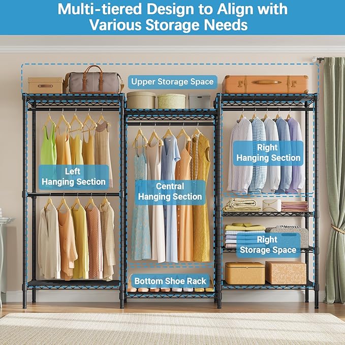 VIPEK V5 Plus Large Portable Closet Rack Freestanding Wardrobe Closet, Multi-Functional Clothes Rack Heavy Duty Metal Clothing Rack for Hanging Clothes, 85.4" L x 15.7" W x 76.4" H, Black