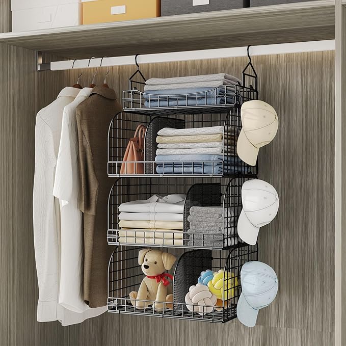 HapiRm Hanging Closet Organizer Storage - 4 Tier Metal Stackable Hanging Closet Shelves with Dividers and S Hooks, Foldable Clothes Shelves for Clothes, Pants, Shoes, Coat, Hats Clutches Accessories