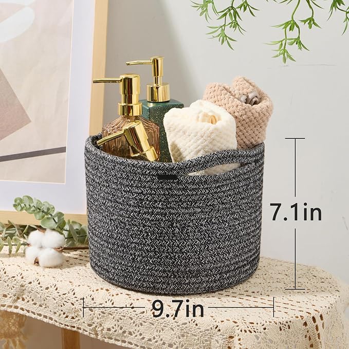 Small Basket for Organizing | Cube Shelf Closet Storage Baskets | 9.7×9.7×7.1” | Woven Rope Gift Basket | Nursery | Round 3 Packs Dark Gray