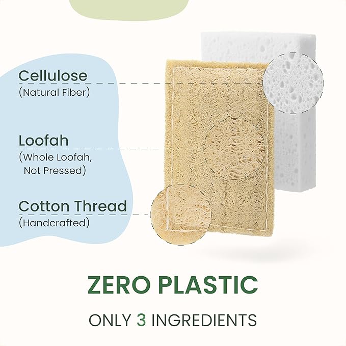 Natural Kitchen Sponges – Eco-Friendly, Compostable Dish Sponges – Loofah & Cellulose Scrubbers – Plastic-Free, Zero-Waste, Biodegradable – Durable, Non-Scratch – Pack of 4