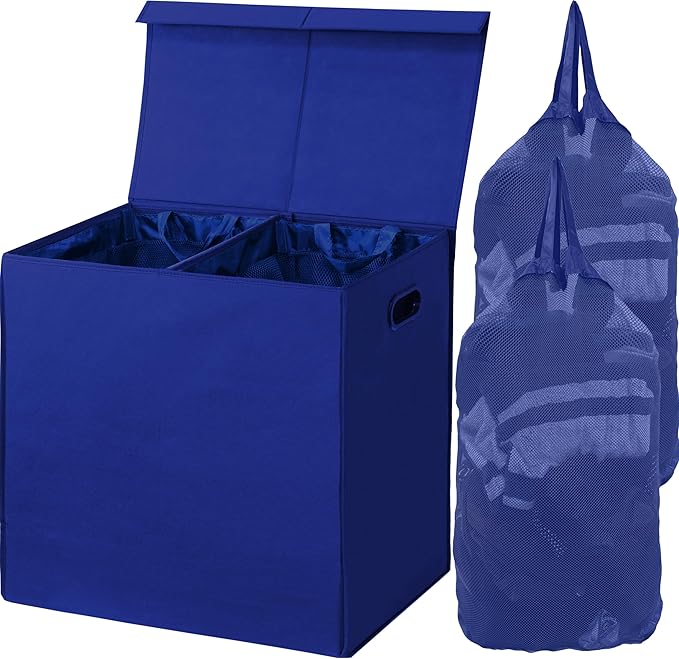 Simple Houseware Double Laundry Hamper with Lid and Removable Bags, Dark Blue