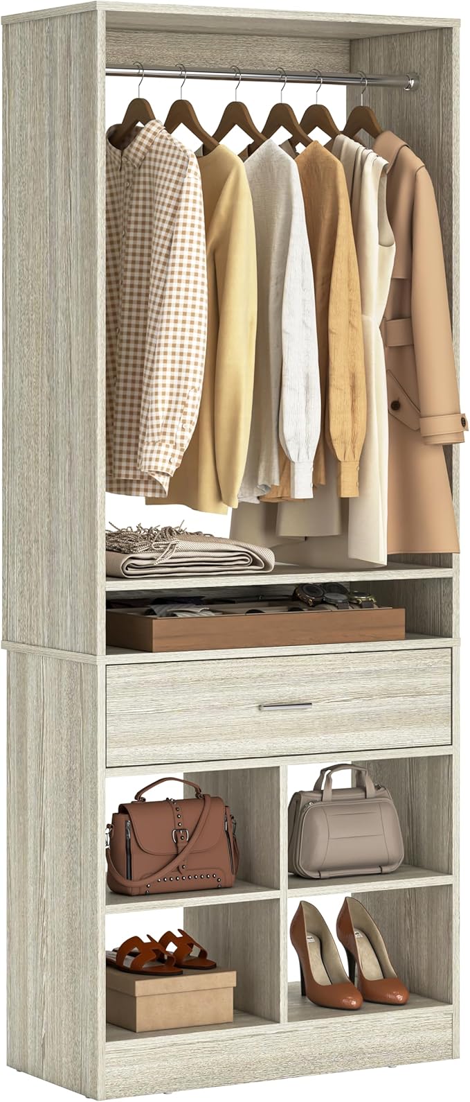 Unikito Freestanding Closet System with Wood Drawer and 4 Cubby Storage, Closet Organizer with Hanging Rods & Shelves, 25‘’W X 80'' H Clothes Garment Rack, Walk in Closet Tower Wardrobe, White Oak