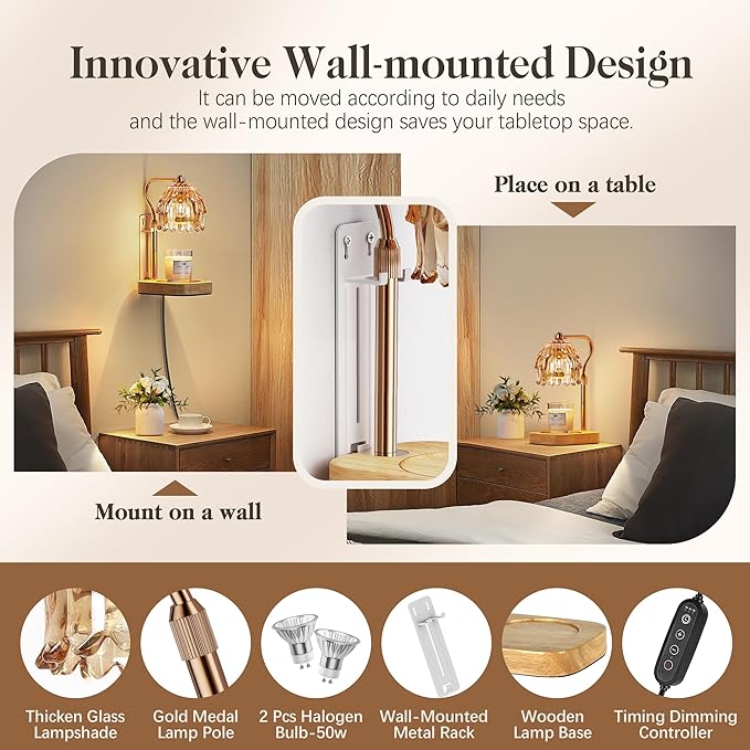 Candle Warmer Lamp with Timer Dimmer, Modern Wax Warmer for Scented Wax Jar Candle Warmer with 2 Bulbs, Adjustable Height Glass Lamp for Gifts for Women, House Warming Gifts, Home Decor, Gold Amber
