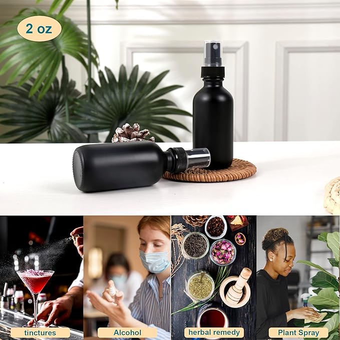 Frosted Black Glass Small Spray Bottle 2 oz 24 Packs,Fine Mist Sprayer Small Clear Bottles,Refillable Containers mini spray bottles for Cleaning Solutions and Skin Care (Frosted Black 24pcs)