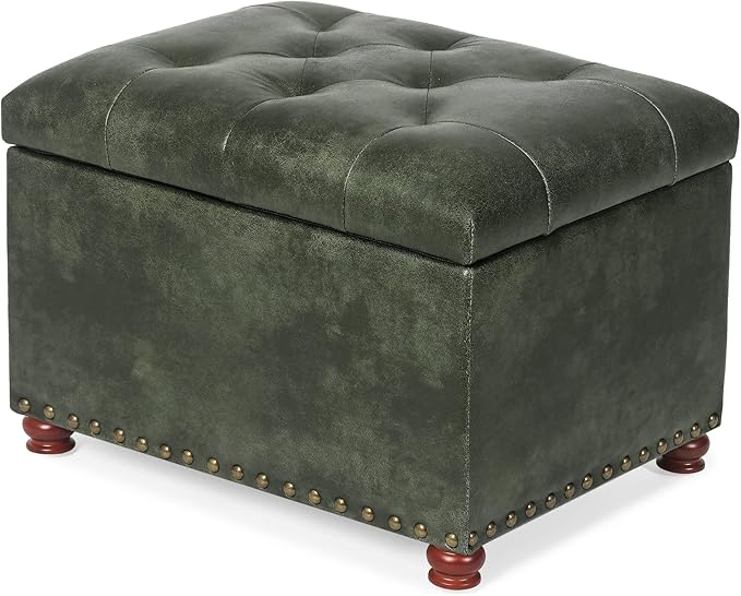 Joveco Storage Ottoman Rectangular Tufted Upholstered Ottomans with Rivet, Footrest Footstool Seat with Wood Legs for Living Room Bedroom (Black Green)