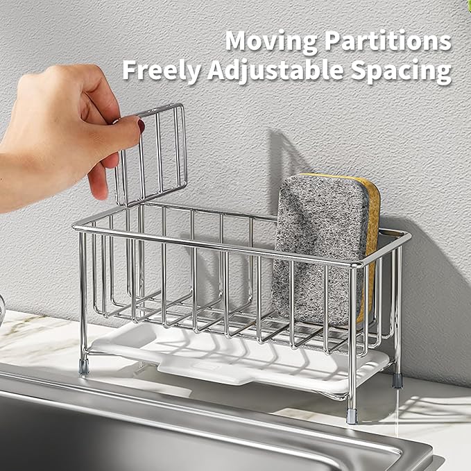 Kitchen Sink Sponge Holder, 304 Stainless Steel Soap Dispenser Caddy Organize, Kitchen Sink Brush Caddy Holder with Removable Drain Tray