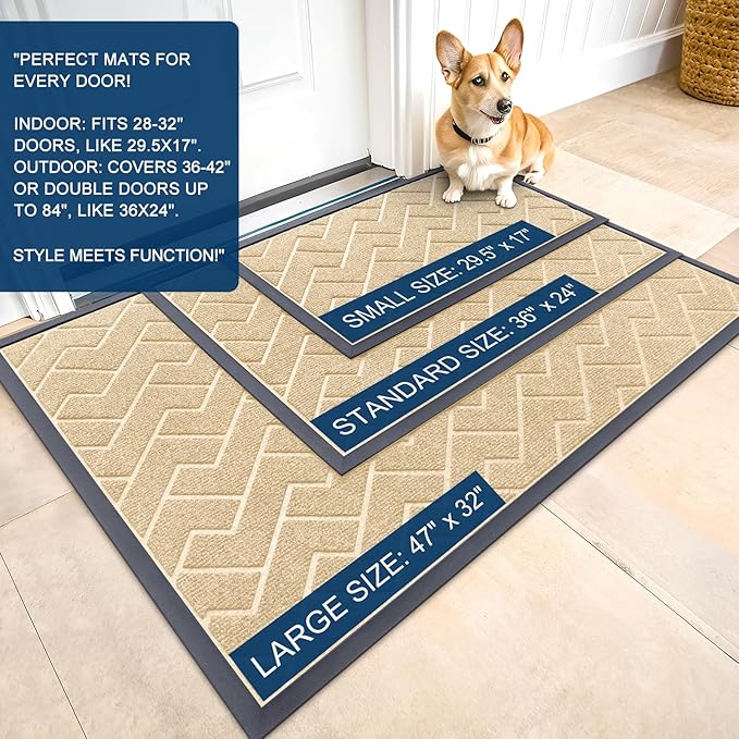 OLANLY Front Door Mat Indoor Outdoor Entrance, Waterproof All-Season, All-Weather Doormat, Sturdy Natural Rubber, Low Profile, Easy Clean Patio Porch Entryway Mat, Herringbone Brick (Beige, 59x23)