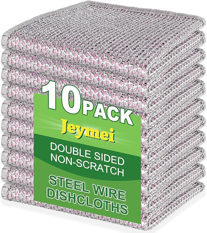 10pcs Non Scratch Wire Dishcloth Multipurpose Wire Dishwashing Rag for Wet and Dry,Metal Scrubbers for Cleaning Dishes,Dual-Sided Kitchen Cleaning Cloths with Mesh,Cleaning Tool for Pot, Pink
