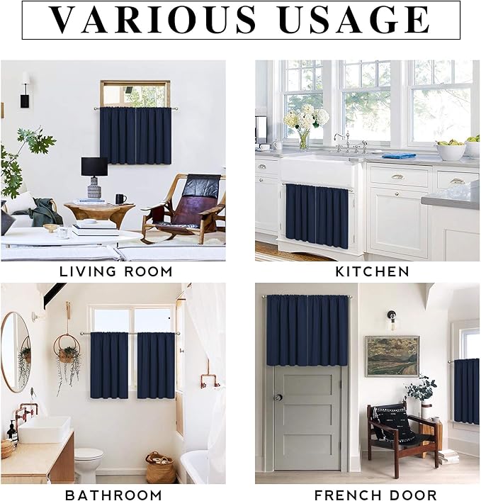 RYB HOME Small Curtains for Kitchen Window - Blackout Privacy Portable Curtain Set for Bedroom Office Bathroom Basement Garage Storage Enclosure RV Bunk, W 34 x L 30 inch, Navy Blue, 2 Pcs