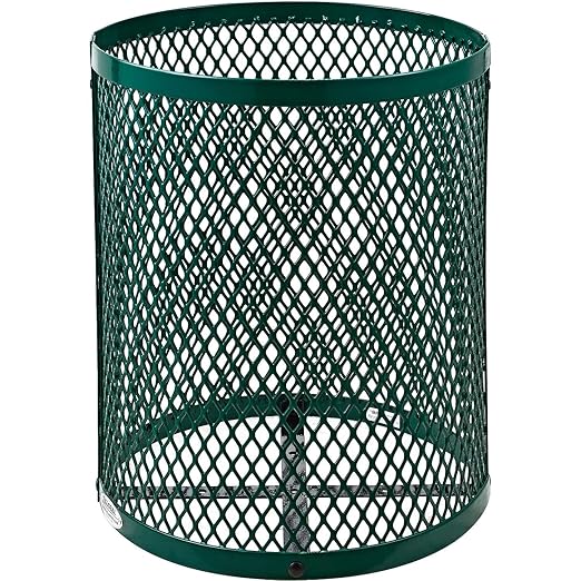 Global Industrial Outdoor Diamond Steel Trash Can with Rain Bonnet Lid and Plastic Liner, 36 Gallon Capacity, Green, Thermoplastic Coating, 23-1/2" Diameter, 40-1/2"H