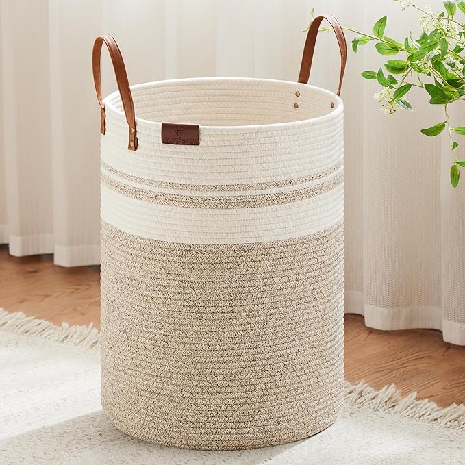 VIPOSCO Tall Laundry Basket, Large Dirty Clothes Hamper with Leather Handle, Woven Rope Storage Basket for Blanket, Toy In Living Room, Bathroom, Bedroom - 100L Brown & White