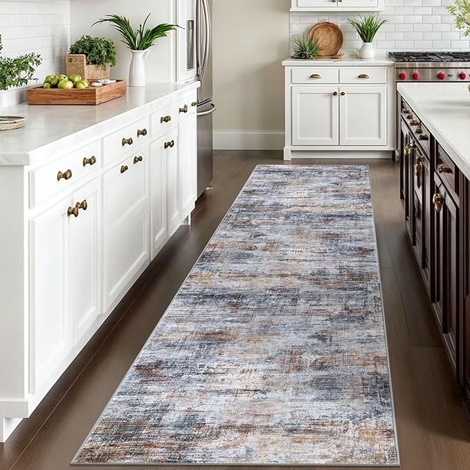 IOHOUZE Abstract Runner Rug 3x10 Ft Washable Runners for Hallways, Non Slip Kitchen Runner Printed Faux Wool Entryway Runner Indoor, Modern Abstract Floor Carpet for Hall Bedroom, Orange Grey