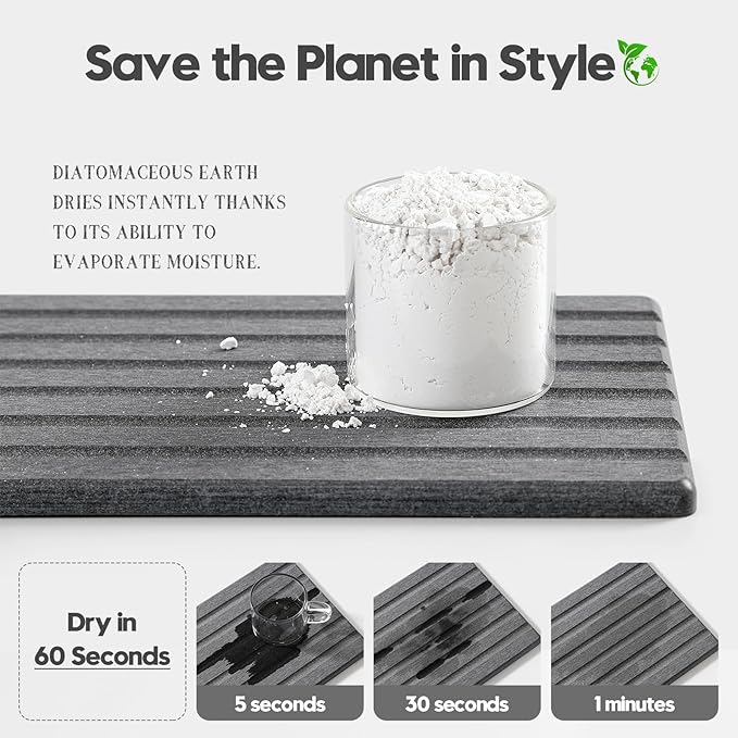 2PCS Water Absorbing Stone Drying Tray Mat for Bathroom Sink & Kitchen Counter Organizer, Quick Dry Dish Soap Dispenser Sponge Holder, Vanity Sink Caddy, Coaster, Dark Gray - 10" x 6"