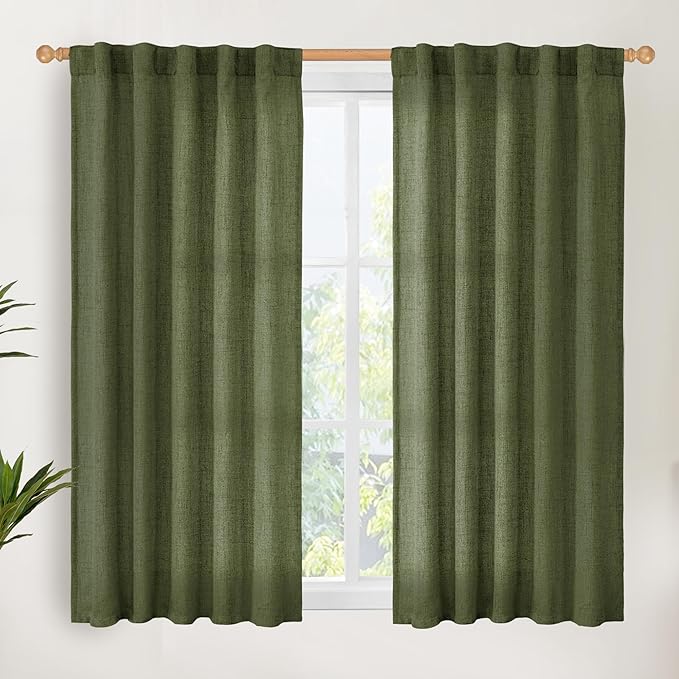 YoungsTex Olive Green Linen Curtains 48 Inch Length for Kitchen, Semi Sheer Small Window Drapes with Rod Pocket Back Tab Light Filtering for Short Living Room Bedroom, 2 Panels, 42 X 48 Inch