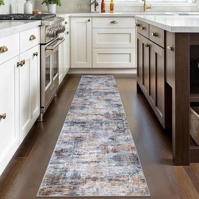 IOHOUZE Abstract Runner Rug 2x8 Ft Washable Runners for Hallways, Non Slip Kitchen Runner Soft Printed Faux Wool Entryway Runner Indoor, Modern Abstract Floor Carpet for Hall Bedroom, Orange Grey