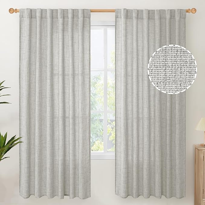 YoungsTex Light Grey Linen Semi Sheer Curtains for Living Room 2 Panels, Textured Light Filtering Drapes with Rod Pocket Back Tab Window Treatments for Dining Bedroom, 52 X 72 Inch