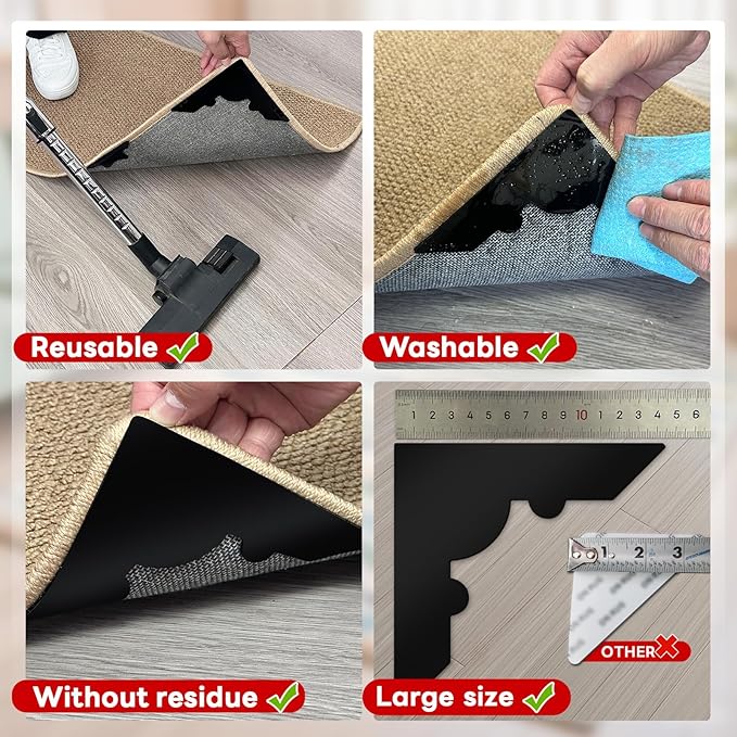 Rug Non Slip Grippers, Reusable Rug Tape Pads for Hardwood Floors and Tiles, Strong Carpet Gripper for Area Rugs, No Damaging for Floor, 8Pcs