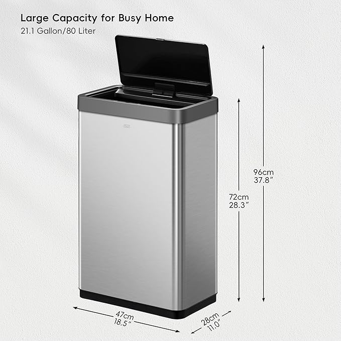 EKO Mirage X 80 Liter / 21.1 Gallons Motion Sensor Trash Can, Automatic Large Kitchen Trash Can Touchless, Stainless Steel