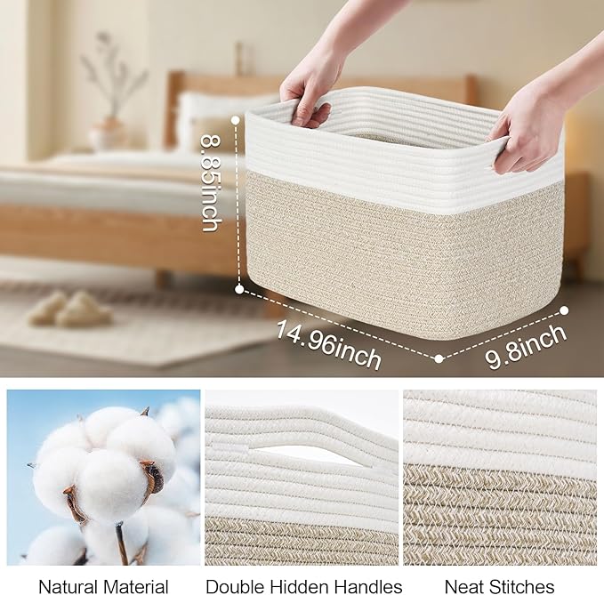 Shelf Baskets for Organizing, Woven Storage Basket for Shelves, Cotton Rope Storage Bins for Toys Books, Nursery Towel Baskets for Classroom, 14.96"X9.8"X8.85", 3-Pack White/Brown