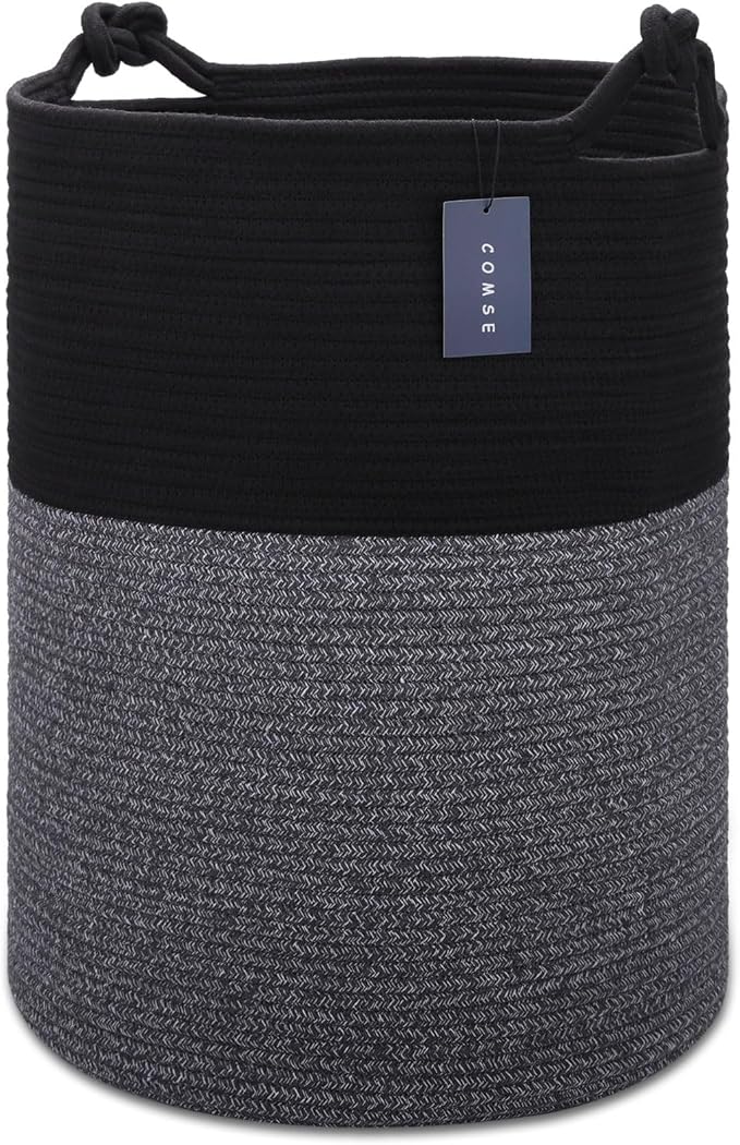 COMSE Extra Large Blanket Basket, Tall Woven Storage Basket, Nursery Hamper, 15.7”x 21.7”, Cotton Rope Laundry Hamper for Toys Clothes Towels, Black