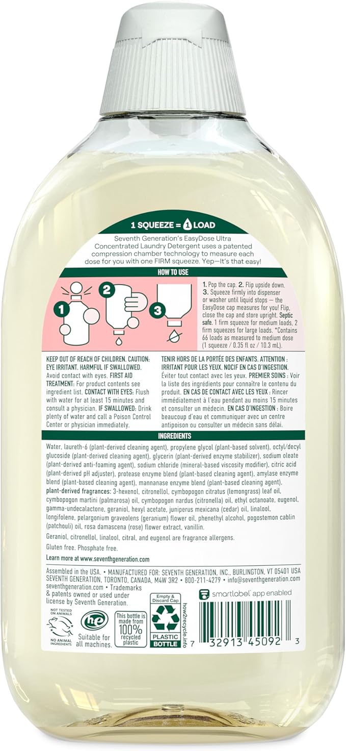 Seventh Generation EasyDose Laundry Detergent Ultra Concentrated Rose Washing Detergent 23 oz, Pack of 2