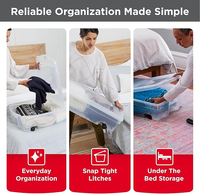 Rubbermaid 70 Quart Under the Bed Low Profile Storage Boxes with Dual Hinged Lids and Easy Rolling Caster Wheels, Clear, 2 Pack