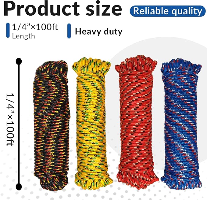Diamond Braided Polypropylene Rope Nylon Mix Thick Heavy Duty Ropes 1/4 inch 100ft High Strength Perfect for Clothesrope Camping Hiking and Other Outdoor Activities 1/4 100ft 4Pack Rope