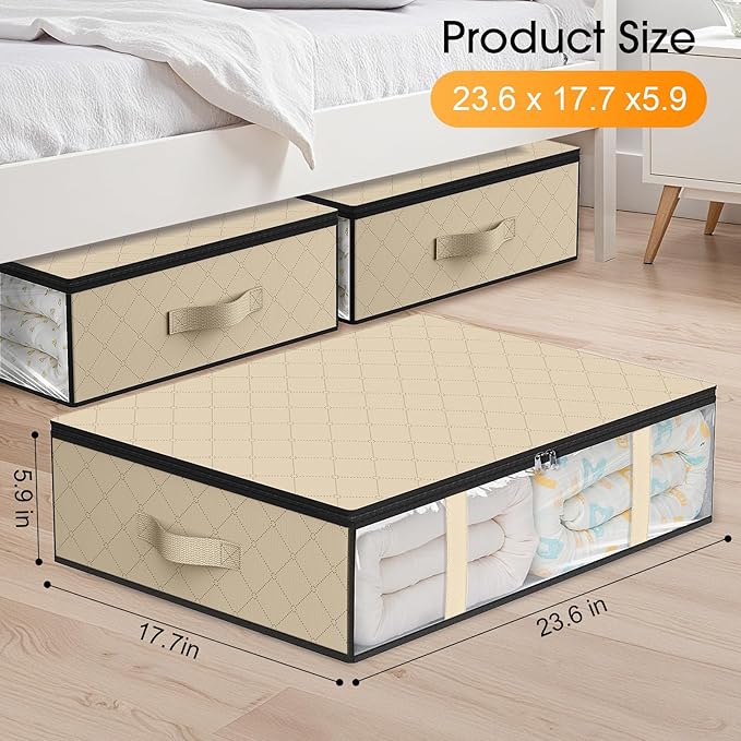 StorageRight Under Bed Storage Bins, 2-Pack 40L Foldable Fabric Storage Bags with Transparent Window, Breathable Organizer for Clothes/Blanket/Comforter/Quilts,Beige
