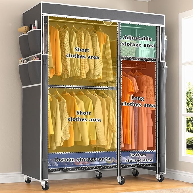 Raybee Clothes Rack with Cover,Clothing Racks for Hanging Clothes with Wheels and Adjustable Feets,Rolling Heavy Duty Garment Rack,Black