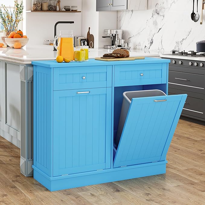 Betterhood Tilt Out Trash Cabinet 10 Gallon Wooden Free Standing Laundry Sorter Cabinet,Recycling Cabinet with Hideaway Drawer,Tilt Out Trash Cabinet Can Bin Kitchen (Double Light Blue, Double Door)