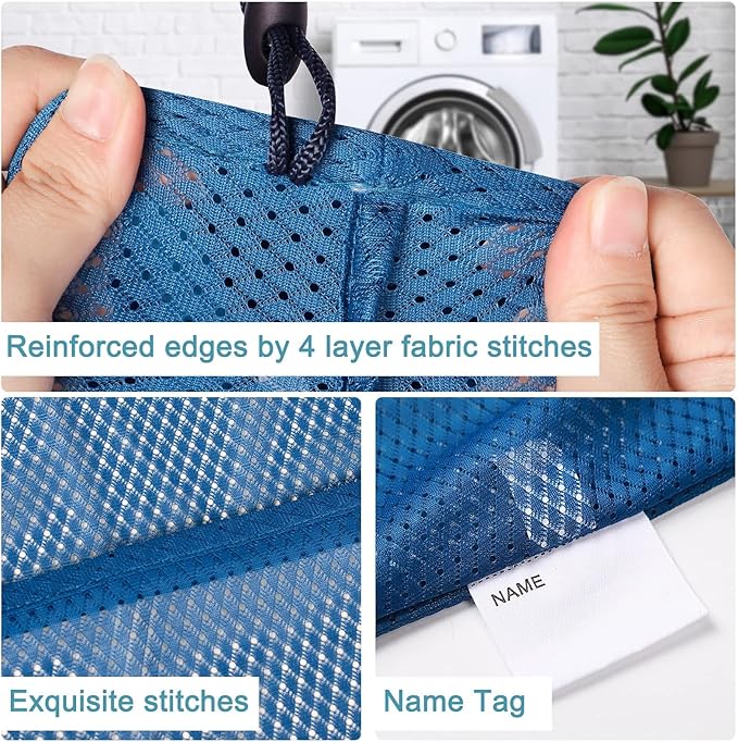 Polecasa Heavy Duty Large Mesh Laundry Bags with ID Tag and Locking Drawstring Closure - 2 Pack, 24 x 36 inches - Laundry Hamper Liner, Washable Laundry Bag for Travel, Sports, Dorms (Blue)