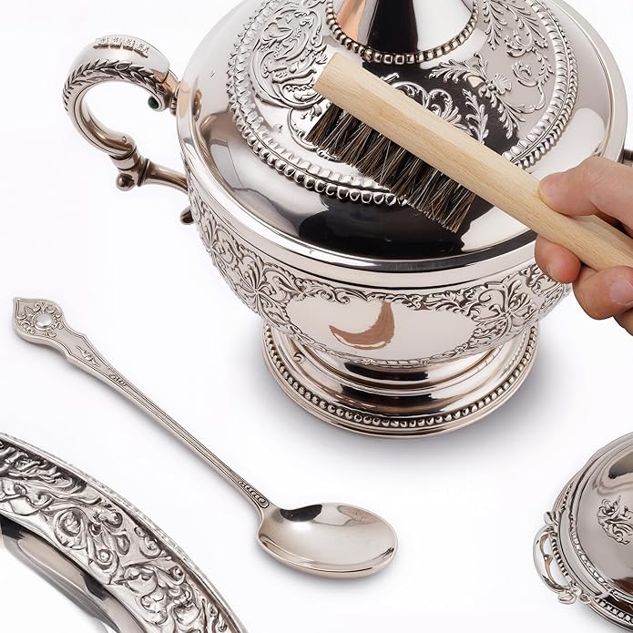 TAKAVU Horsehair Detail Brush Set, Silver Cleaning Brushes & Polish Cloth for Silverware Plateware Jewelry