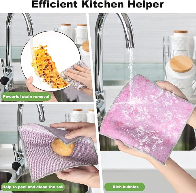 10pcs Non Scratch Wire Dishcloth Multipurpose Wire Dishwashing Rag for Wet and Dry,Metal Scrubbers for Cleaning Dishes,Dual-Sided Kitchen Cleaning Cloths with Mesh,Cleaning Tool for Pot, Pink