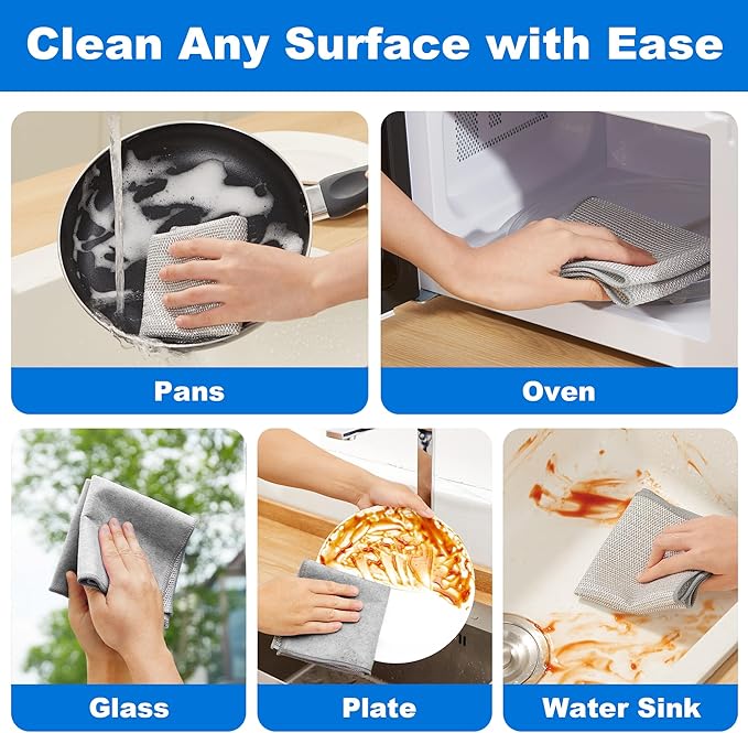 JOYMOOP Dual-Sided Silver Microfiber Cleaning Cloth, Reusable Non-Scratch Dishwashing Rag, Multipurpose Scrubbing Pads for Kitchen, Glass, Stainless Steel