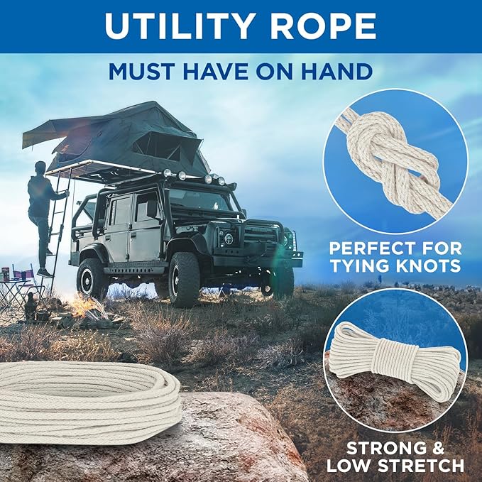 TECEUM 500lb Cotton Rope 3/16” (5 mm) – 50 FT | 100 FT– Strong All-Purpose Braided Rope – Natural Cotton – for Crafting, Сamping, Clothes Line, DIY, Indoor & Outdoor Use – Natural