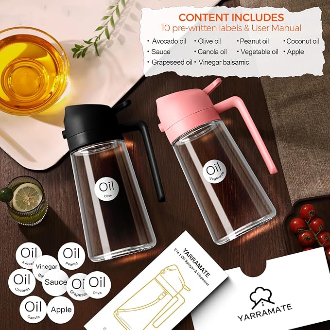 YARRAMATE 2Pcs 16oz/470ml Glass Olive Oil Sprayer for Cooking with Stickers, 2 in 1 Oil Dispenser for Kitchen Gadgets, Food Grade Premium Spray Bottle with Portion Control for Salad, BBQ (Pink&Black)