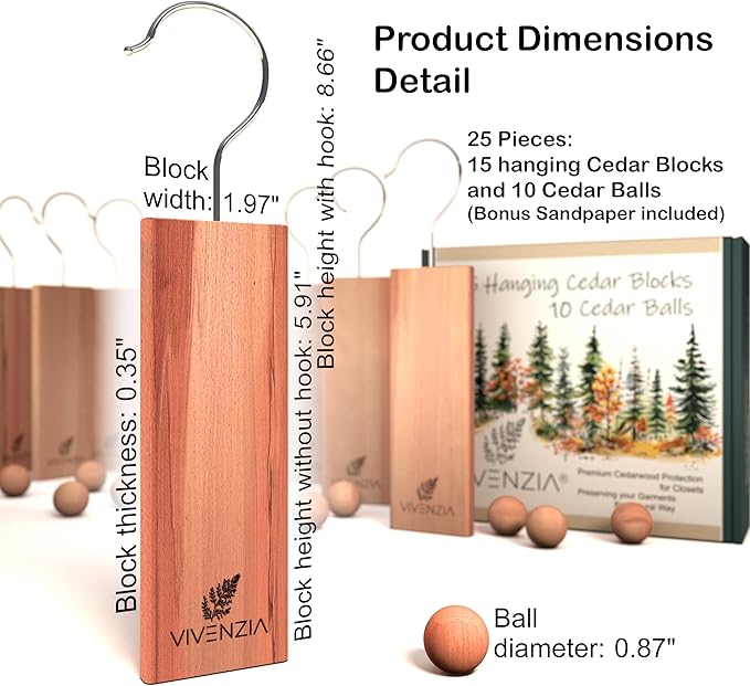 Cedar Blocks for Clothes Storage -25 pcs (15 Hang-ups & 10 Balls)- Hanging Cedar Planks, Natural Closet Smell Eliminator, Natural Closet Deodorizer, Drawer Fresheners for Dresser.