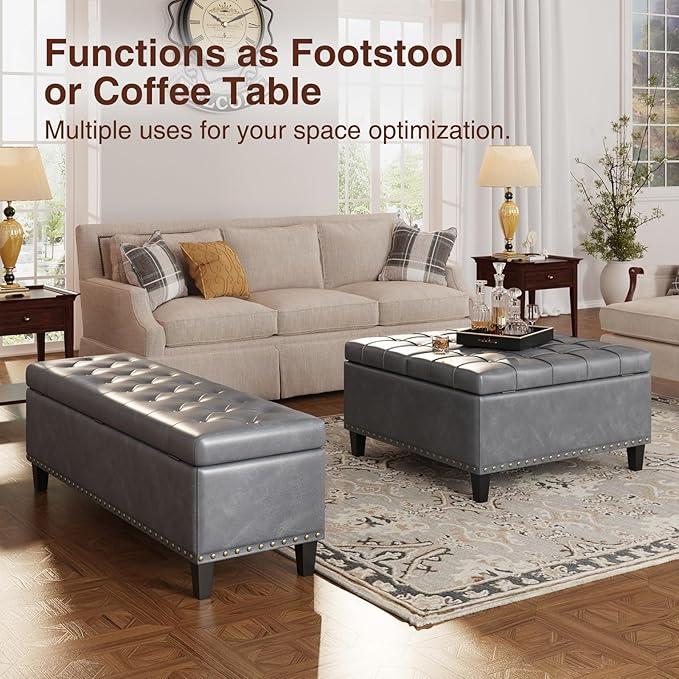 Storage Ottoman Bench, 51-Inch Large Storage Ottoman for Bedroom End of Bed, 30 Gallons Faux Leather Bench for Bedroom, Living Room, Entryway, Hallway, Grey