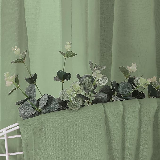 Tollpiz Short Sheer Curtains Living Room Linen Textured Curtain Sheers Light Filtering Voile Rod Pocket Curtains for Bedroom, 38 x 45 inches Long, Sage Green, Set of 2 Panels