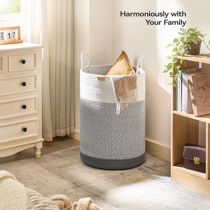 Laundry Hamper 75L,Large Laundry Basket for Clothes,Decorative Storage Basket for Blankets,Cotton Rope Woven basket for bedroom,Grey White