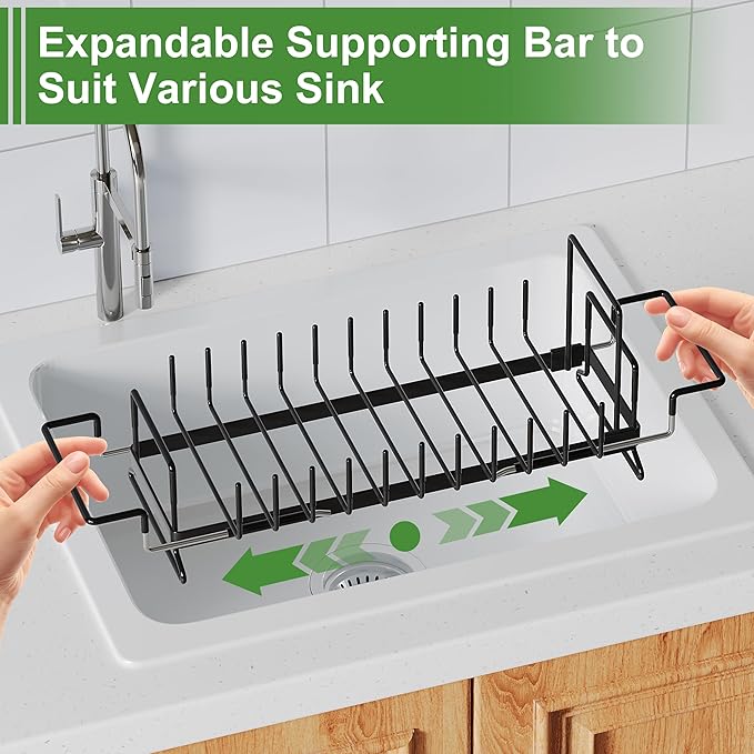 Dish Drying Rack Over the Sink Expandable In Small Black Drainer Dry for Kitchen Counter, Metal Stainless Steel Compact Dishes Drain with Tray, Space Saving Extendable Modern Plate Strainer Holder