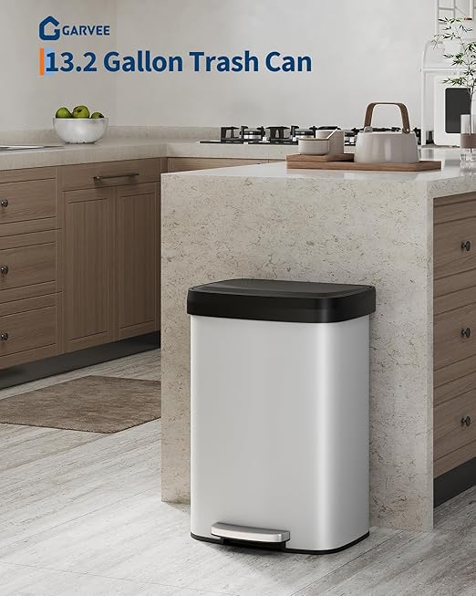 Garvee 13 Gallon / 50 Liter Metal Trash Can with Lid, Large Garbage Can for Kitchen, Rustproof Step-on Kitchen Metal Trash Bin with Liner Rim, Rear Handle, Soft Close Plastic Lid, White