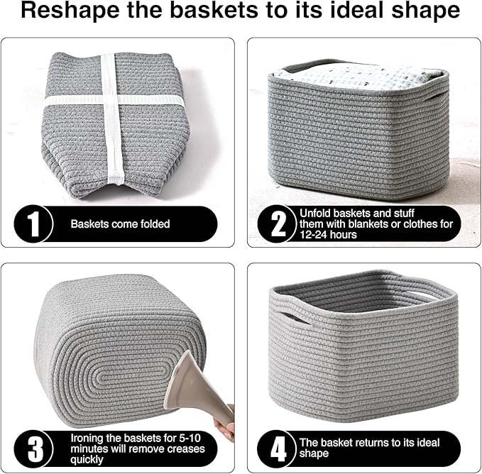 Small Storage Baskets for Shelves Organizing, Woven Cotton Rope Baskets for Storage, Book Basket, Decorative Shelf Basket, 12.5"Lx9.1''Wx7.9''H (4 Packs) Grey