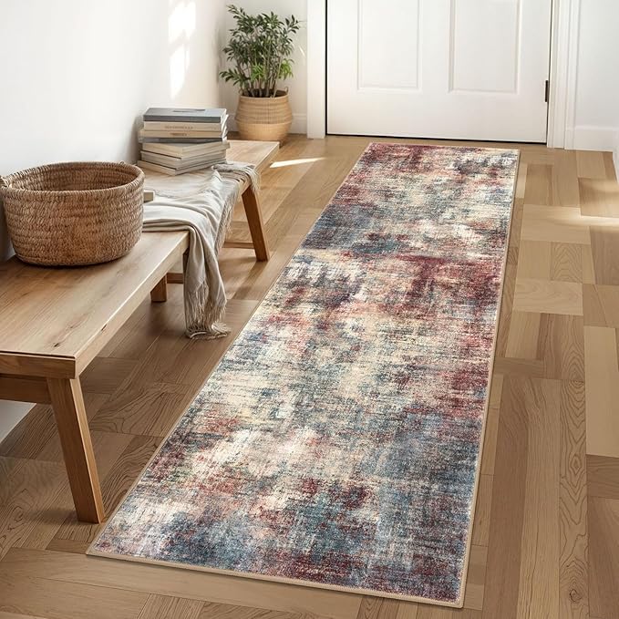 IOHOUZE Abstract Runner Rug 2x6 Ft Washable Runners for Hallways, Non Slip Kitchen Runner Printed Faux Wool Entryway Runner Indoor, Modern Abstract Floor Carpet for Hall Kitchen Bedroom, Red/Multi
