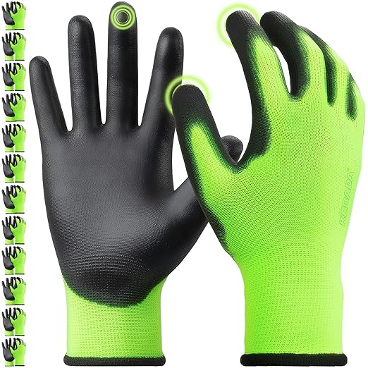 Kebada W1 Work Gloves for Men and Women, PU Coated Safety Gloves with Grip, Touchscreen, Ideal for Warehouse Package Handling, Construction, Gardening, Green XX-Large
